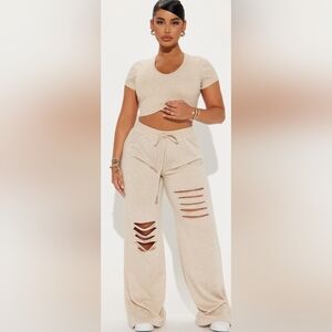 Fashion Nova Beige Distressed Wide-Leg Track Pants
